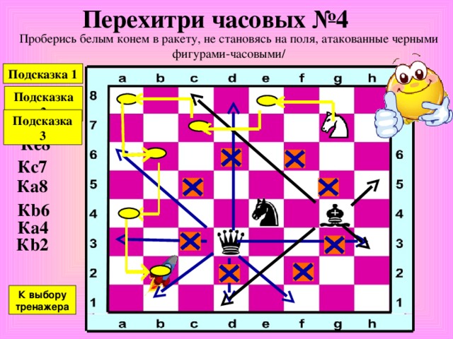 Перехитри часовых № 3 Проберись белым конем в ракету, не становясь на поля, атакованные черными фигурами-часовыми (конь может перепрыгивать через заминированные поля) Подсказка К f2 К h3 К g1 К e2 К c1 К выбору тренажера 