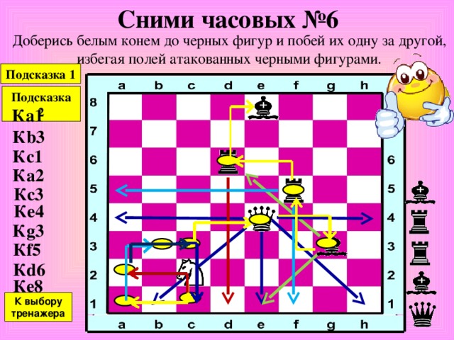 Сними часовых № 5 Доберись белым конем до черных фигур и побей их одну за другой, избегая полей атакованных черными фигурами. Подсказка 1 Подсказка 2 К h1 К g3 К f5 К e7 К c8 К b6 К a4 К выбору тренажера 