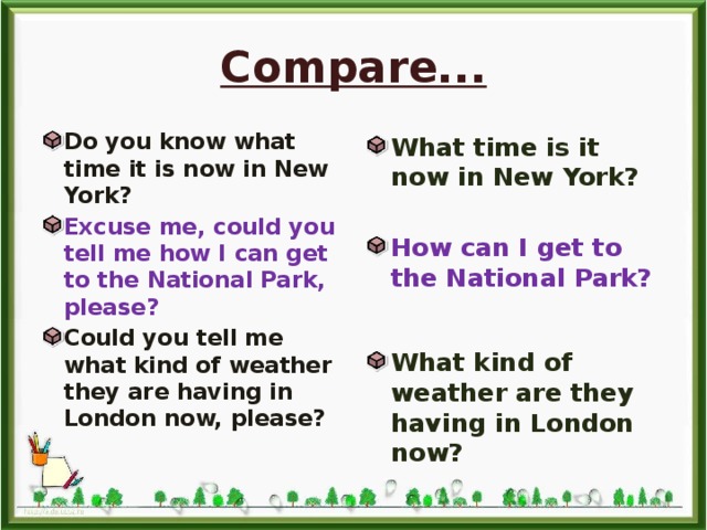 Compare... Do you know what time it is now in New York? What time is it now in New York? Excuse me, could you tell me how I can get to the National Park, please?  Could you tell me what kind of weather they are having in London now, please? How can I get to the National Park?  What kind of weather are they having in London now? 