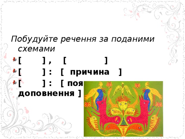 Побудуйте речення за поданими схемами [ ] , [ ] [ ] : [ причина ] [ ] : [ пояснення, доповнення ]   
