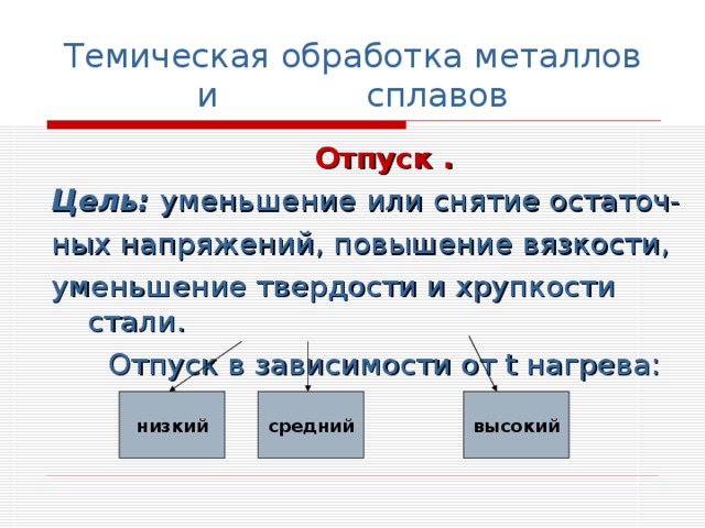 Темическая обработка металлов и сплавов Отпуск . Цель: уменьшение  или снятие остаточ- ных напряжений, повышение вязкости, уменьшение твердости и хрупкости стали. Отпуск в зависимости от t нагрева: низкий средний высокий 