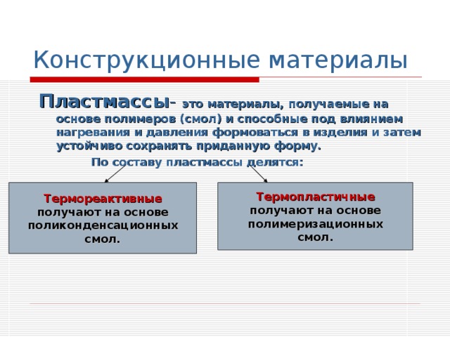 Конструкционные материалы  Пластмассы - это материалы, получаемые на основе полимеров (смол) и способные под влиянием нагревания и давления формоваться в изделия и затем устойчиво сохранять приданную форму.  По составу пластмассы делятся:  Термореактивные  Термопластичные получают на основе поликонденсационных смол. получают на основе полимеризационных смол.  