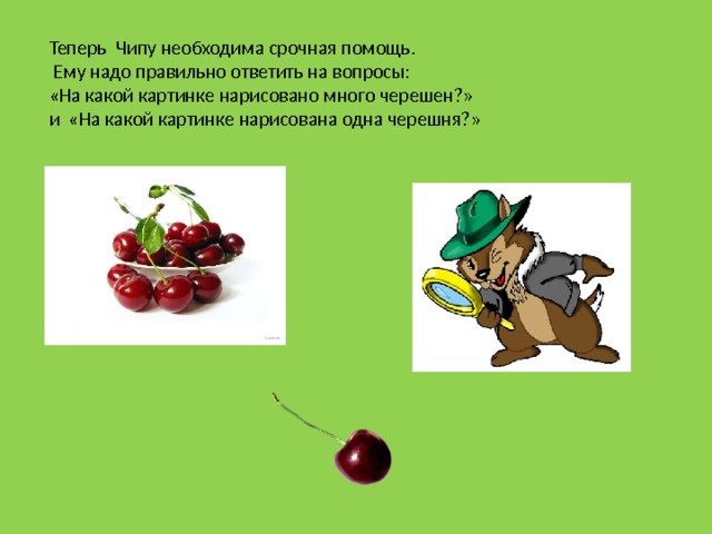 Теперь Чипу необходима срочная помощь.  Ему надо правильно ответить на вопросы: «На какой картинке нарисовано много черешен?» и «На какой картинке нарисована одна черешня?»  