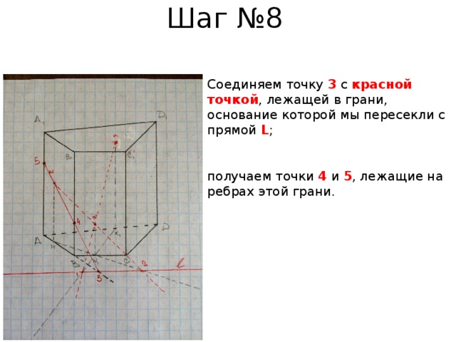 Шаг №8 Соединяем точку 3 с красной точкой , лежащей в грани, основание которой мы пересекли с прямой L ; получаем точки 4 и 5 , лежащие на ребрах этой грани. 