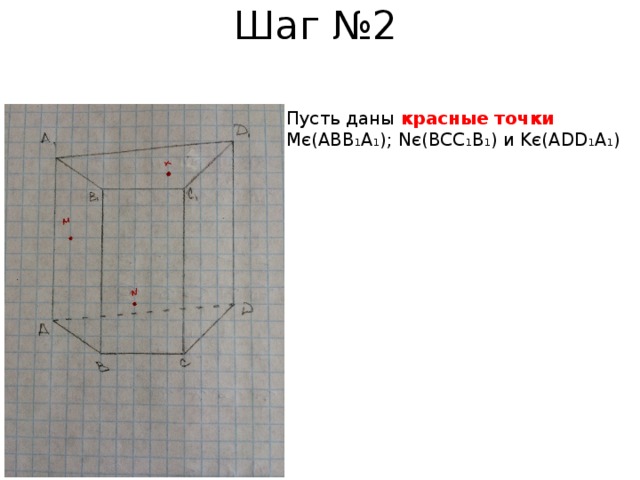 Шаг №2 Пусть даны красные точки Mє(ABB 1 A 1 ); Nє(BCC 1 B 1 ) и Kє(ADD 1 A 1 ) 