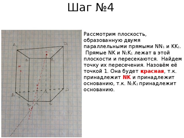 Шаг №4 Рассмотрим плоскость, образованную двумя параллельными прямыми NN 1 и KK 1 . Прямые NK и N 1 K 1 лежат в этой плоскости и пересекаются. Найдем точку их пересечения. Назовём её точкой 1. Она будет  красная , т.к. принадлежит NK и принадлежит основанию, т.к. N 1 K 1 принадлежит основанию. 