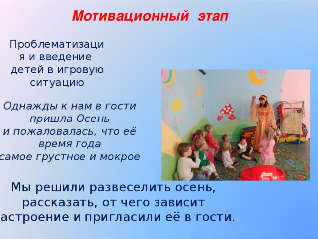 Мотивационный этап Проблематизация и введение  детей в игровую ситуацию Однажды к нам в гости  пришла Осень и пожаловалась, что её  время года самое грустное и мокрое Мы решили развеселить осень,  рассказать, от чего зависит Настроение и пригласили её в гости. 