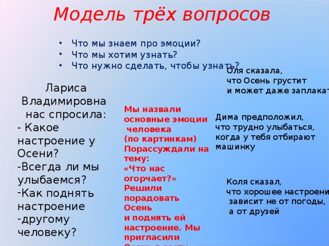 Модель трёх вопросов Что мы знаем про эмоции? Что мы хотим узнать? Что нужно сделать, чтобы узнать? Оля сказала, что Осень грустит и может даже заплакать Лариса Владимировна нас спросила: - Какое настроение у Осени? -Всегда ли мы улыбаемся? Как поднять настроение другому человеку? Мы назвали основные эмоции  человека (по картинкам) Порассуждали на тему: «Что нас огорчает?» Решили порадовать Осень и поднять ей настроение. Мы пригласили Осень в гости. Дима предположил, что трудно улыбаться, когда у тебя отбирают машинку Коля сказал, что хорошее настроение  зависит не от погоды,  а от друзей 