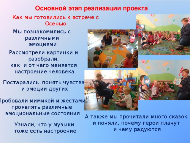 Основной этап реализации проекта Как мы готовились к встрече с Осенью Мы познакомились с различными эмоциями Рассмотрели картинки и  разобрали, как и от чего меняется  настроение человека Постарались понять чувства и эмоции других Пробовали мимикой и жестами проявлять различные эмоциональные состояния А также мы прочитали много сказок и поняли, почему герои плачут и чему радуются Узнали, что у музыки  тоже есть настроение 