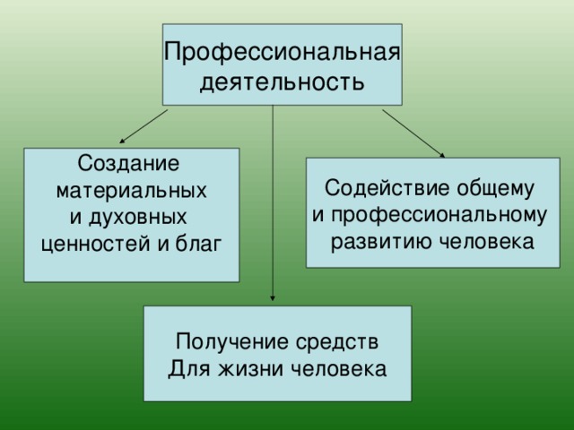 Профессиональная деятельность Создание материальных и духовных ценностей и благ Содействие общему и профессиональному развитию человека Получение средств Для жизни человека 