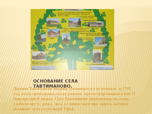 ОСНОВАНИЕ СЕЛА ТАВТИМАНОВО. Деревня Тавтиманово впервые упоминается в источниках за 1795 год, когда проводилась пятая ревизия, зарегистрировавшая в ней 32 башкира при 6 дворах. Село Тавтиманово расположено на очень удобном месте: речка, леса, а главное железная дорога, которая связывает село со столицей Уфой. 