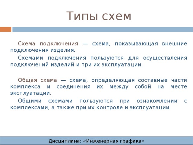 Типы схем Схема подключения — схема, показывающая внешние подключения изделия. Схемами подключения пользуются для осуществления подклю­чений изделий и при их эксплуатации. Общая схема — схема, определяющая составные части комплекса и соединения их между собой на месте эксплуатации. Общими схемами пользуются при ознакомлении с комплекса­ми, а также при их контроле и эксплуатации. Дисциплина: «Инженерная графика» Дисциплина: «Инженерная графика» Дисциплина: «Инженерная графика» Дисциплина: «Инженерная графика»  
