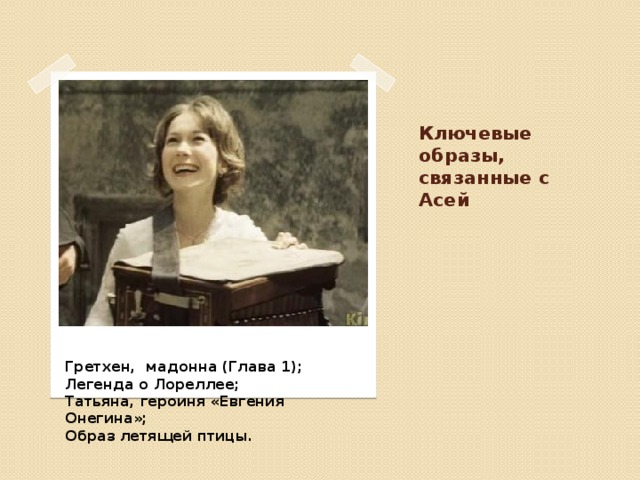 Ключевые образы, связанные с Асей Гретхен, мадонна (Глава 1); Легенда о Лореллее; Татьяна, героиня «Евгения Онегина»; Образ летящей птицы. 