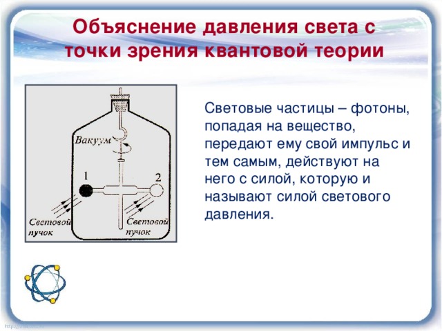 Объяснение давления света с точки зрения квантовой теории Световые частицы – фотоны, попадая на вещество, передают ему свой импульс и тем самым, действуют на него с силой, которую и называют силой светового давления. 