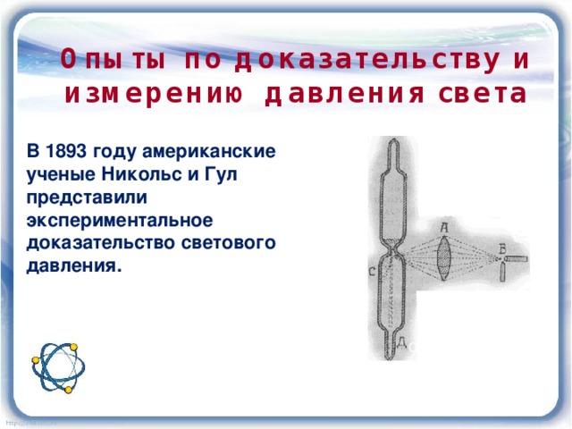 Опыты по доказательству и измерению давления света   В 1893 году американские ученые Никольс и Гул представили экспериментальное доказательство светового давления.  Опыт Никольса и Гула 