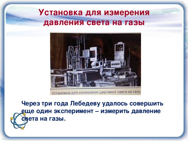 Установка для измерения давления света на газы Через три года Лебедеву удалось совершить еще один эксперимент – измерить давление света на газы.  