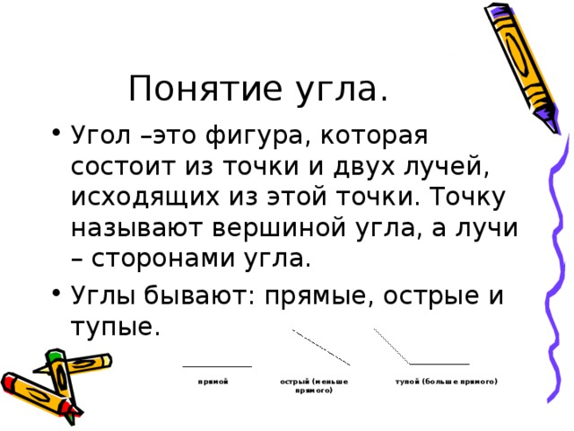 прямой острый (меньше прямого) тупой (больше прямого) 