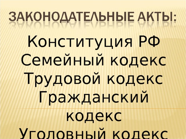 Конституция РФ Семейный кодекс Трудовой кодекс Гражданский кодекс Уголовный кодекс 