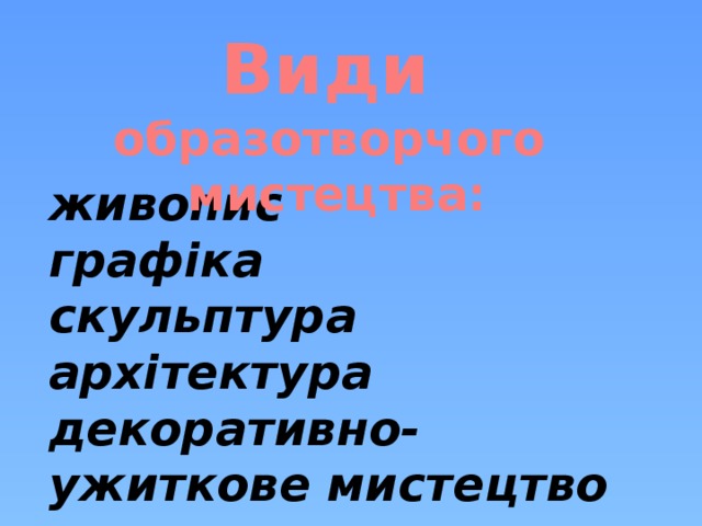    живопис графіка скульптура архітектура декоративно- ужиткове мистецтво Види образотворчого мистецтва:  