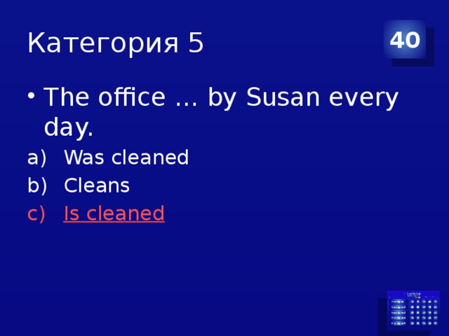 Категория 5 40 The office … by Susan every day. Was cleaned Cleans Is cleaned 
