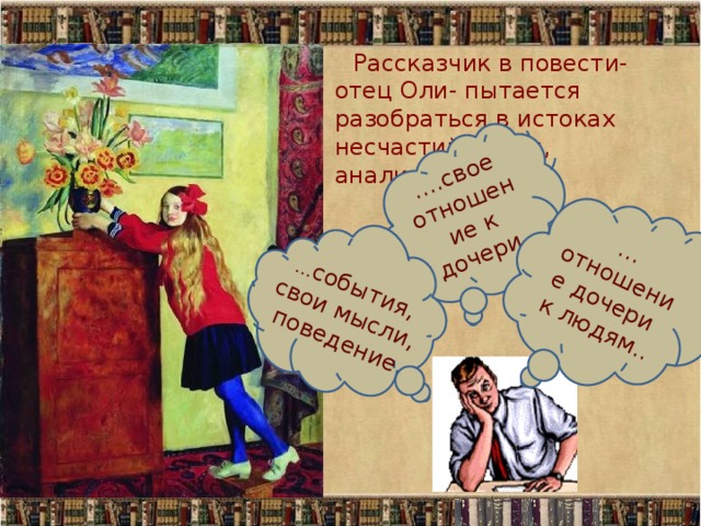 … .свое отношение к дочери … отношение дочери к людям.. … события, свои мысли, поведение  Рассказчик в повести- отец Оли- пытается разобраться в истоках несчастий семьи, анализирует… 