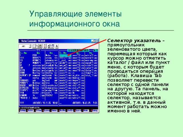 Управляющие элементы информационного окна Селектор указатель – прямоугольник зеленоватого цвета, перемещая который как курсор можно отметить каталог / файл или пункт меню, с которым будет проводиться операция (работа). Клавиша Tab позволяет перевести селектор с одной панели на другую. Та панель, на которой находится селектор, называется активной, т.е. в данный момент работать можно именно в ней. 