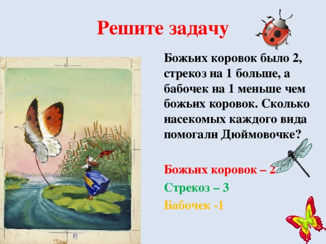Решите задачу Божьих коровок было 2, стрекоз на 1 больше, а бабочек на 1 меньше чем божьих коровок. Сколько насекомых каждого вида помогали Дюймовочке?  Божьих коровок – 2 Стрекоз – 3 Бабочек -1 