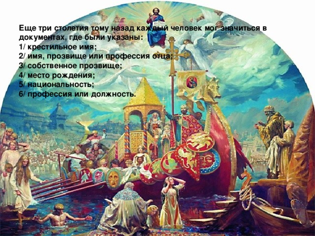 Еще три столетия тому назад каждый человек мог значиться в документах, где были указаны: 1/ крестильное имя; 2/ имя, прозвище или профессия отца; 3/ собственное прозвище; 4/ место рождения; 5/ национальность; 6/ профессия или должность.