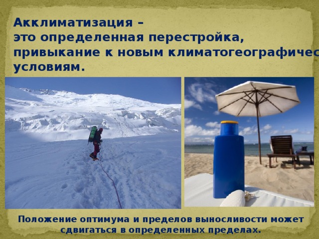 Акклиматизация – это определенная перестройка, привыкание к новым климатогеографическим условиям.   Положение оптимума и пределов выносливости может сдвигаться в определенных пределах. 