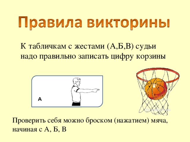 К табличкам с жестами (А,Б,В) судьи надо правильно записать цифру корзины А Проверить себя можно броском (нажатием) мяча, начиная с А, Б, В 
