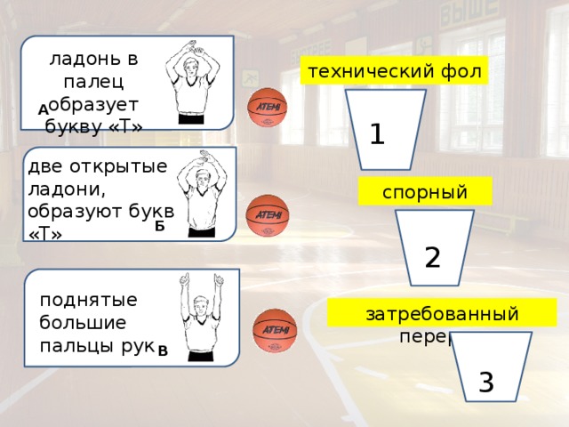 ладонь в палец образует букву «Т» технический фол А 1 две открытые ладони, образуют букву «Т» спорный мяч Б 2 поднятые большие пальцы рук затребованный перерыв В 3 
