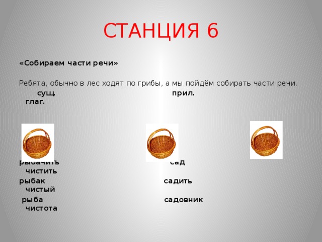 СТАНЦИЯ 6 «Собираем части речи»   Ребята, обычно в лес ходят по грибы, а мы пойдём собирать части речи.  сущ. прил. глаг.      рыбачить сад чистить рыбак садить чистый  рыба садовник чистота