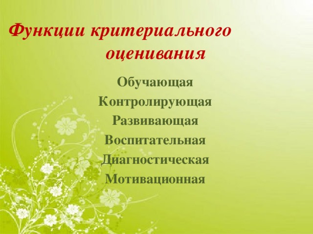 Функции критериального оценивания Обучающая Контролирующая Развивающая Воспитательная Диагностическая Мотивационная 