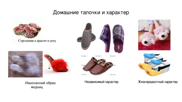 Домашние тапочки и характер   Стремление к красоте и уюту Жизнерадостный характер Независимый характер Изысканный образ модниц 