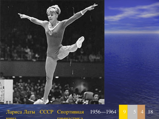 Лариса Латынина СССР Спортивная гимнастика 1956—1964 9 5 4 18 