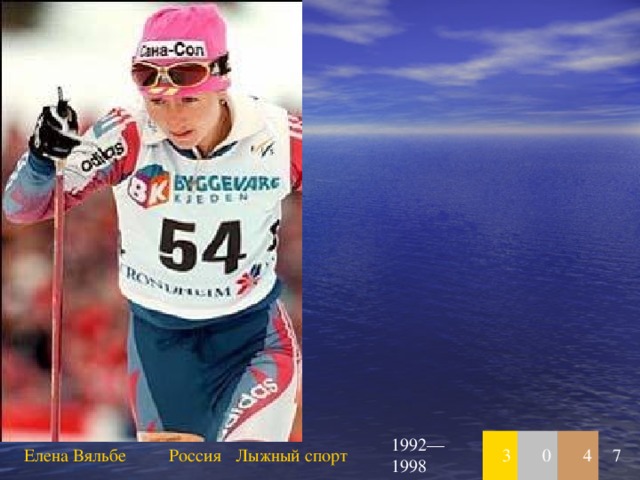 Елена Вяльбе Россия Лыжный спорт 1992—1998 3 0 4 7 