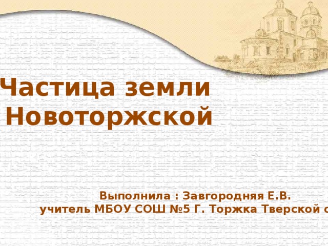 Частица земли Новоторжской Выполнила : Завгородняя Е.В. учитель МБОУ СОШ №5 Г. Торжка Тверской обл. 