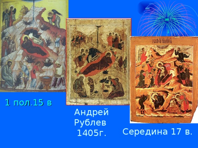 1 пол.15 в Андрей Рублев 1405г. Середина 17 в.
