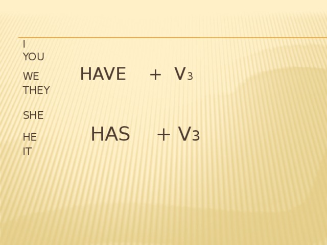 I  You  We Have + V 3  They   She  He Has + v 3  It     