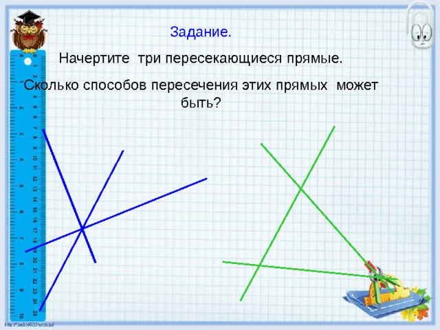 Задание. Начертите три пересекающиеся прямые. Сколько способов пересечения этих прямых может быть? 