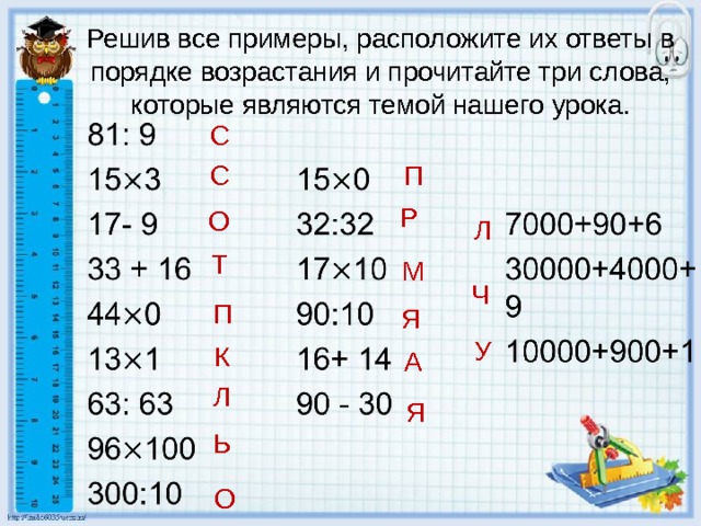 Решив все примеры, расположите их ответы в порядке возрастания и прочитайте три слова, которые являются темой нашего урока. С П С Р О Л Т М Ч П Я У К А Л Я Ь О 