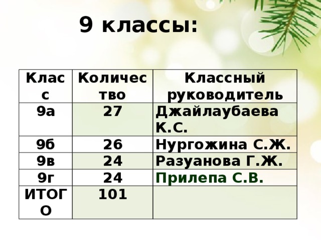 9 классы: Класс Количество 9а Классный руководитель 27 9б 26 Джайлаубаева К.С. 9в 9г Нургожина С.Ж. 24 24 Разуанова Г.Ж. ИТОГО Прилепа С.В. 101   