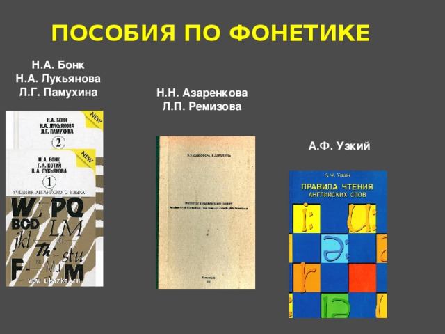 ПОСОБИЯ ПО ФОНЕТИКЕ Н.А. Бонк Н.А. Лукьянова Л.Г. Памухина Н.Н. Азаренкова Л.П. Ремизова А.Ф. Узкий 