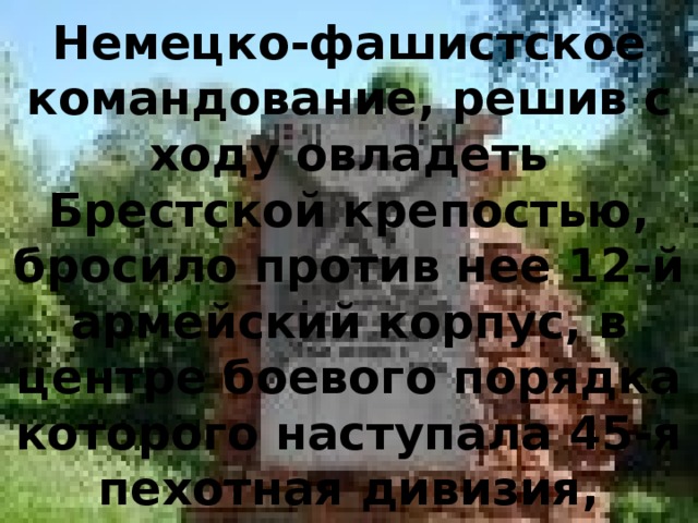 Немецко-фашистское командование, решив с ходу овладеть Брестской крепостью, бросило против нее 12-й армейский корпус, в центре боевого порядка которого наступала 45-я пехотная дивизия, усиленная тремя артиллерийскими полками. 