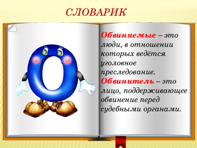  СЛОВАРИК Обвиняемые – это люди, в отношении которых ведётся уголовное преследование. Обвинитель  – это лицо, поддерживающее обвинение перед судебными органами.  