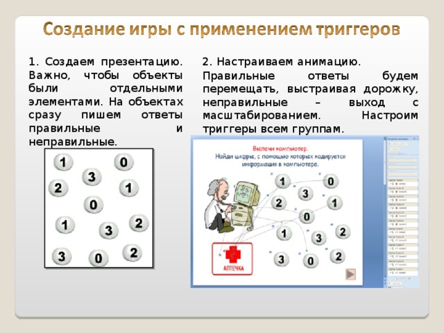 1. Создаем презентацию. Важно, чтобы объекты были отдельными элементами. На объектах сразу пишем ответы правильные и неправильные . 2. Настраиваем анимацию. Правильные ответы будем перемещать, выстраивая дорожку, неправильные – выход с масштабированием. Настроим триггеры всем группам. 