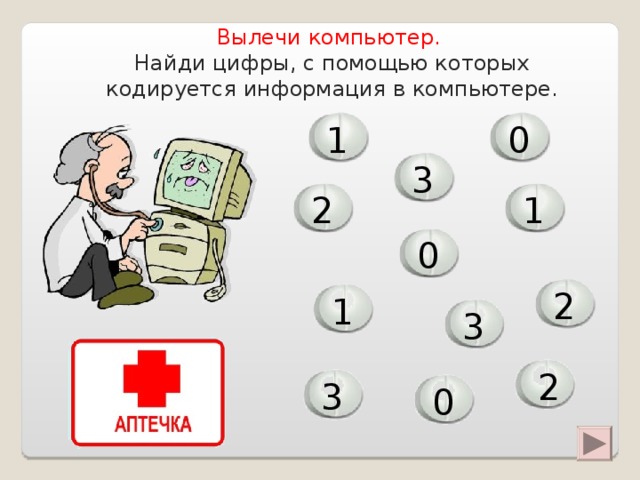 Вылечи компьютер. Найди цифры, с помощью которых кодируется информация в компьютере. 0 1 3 1 2 0 2 1 3 2 3 0 4 