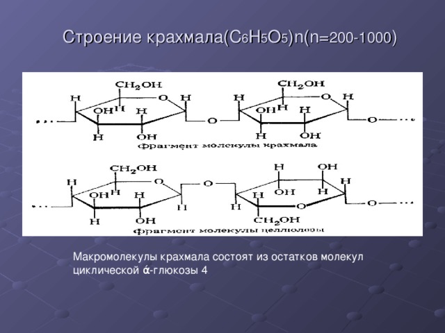 Строение крахмала(С 6 H 5 O 5 )n(n= 200-1000 ) Макромолекулы крахмала состоят из остатков молекул циклической ά-глюкозы 4 