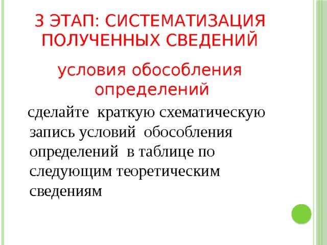 3 этап: систематизация полученных сведений условия обособления определений  сделайте краткую схематическую запись условий обособления определений в таблице по следующим теоретическим сведениям 