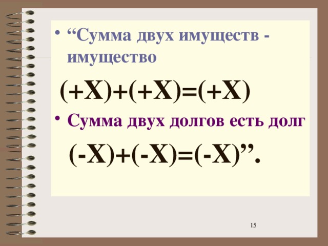 “ Сумма двух имуществ - имущество   (+X)+(+X)=(+X)  Сумма двух долгов есть долг  (-X)+(-X)=(-X)”.  